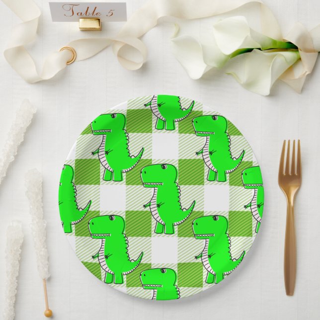 Green and White Plaid Dino Tartan Pattern Paper Plate (Wedding)