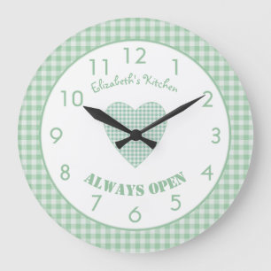 Green and white plaid gingham with name large clock