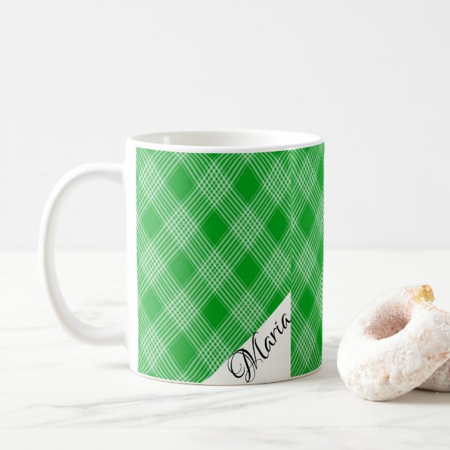 Green and White Plaid Mug (With Donut)