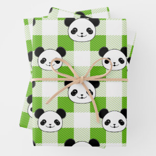 Green and White Plaid Panda Bear Tartan Pattern Wrapping Paper Sheet