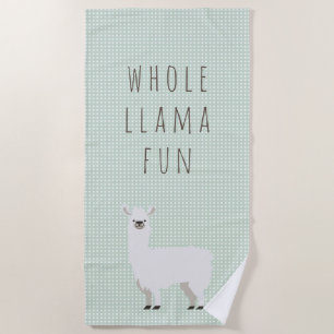 Green and White Polka Dot Cute Llama Beach Towel