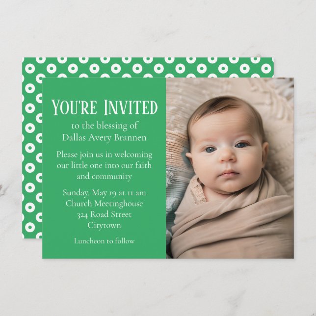 Green and White Polka-dot Photo Baby Blessing Invitation (Front/Back)