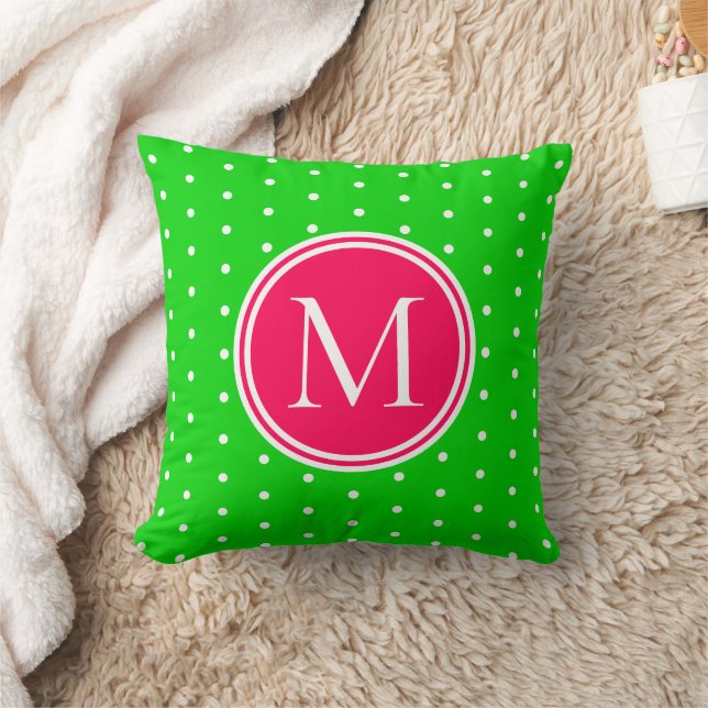 Green and White Polka Dot With Pink Monogram Cushion (Blanket)