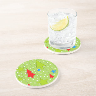 Green and White Polka Dots Christmas Tree Pattern Coaster