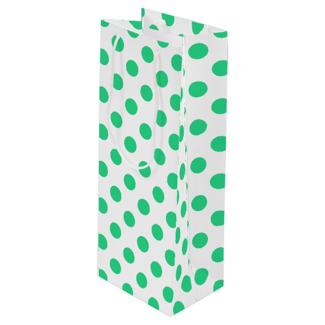 Green and white polka dots wine gift bag (Front Angled)