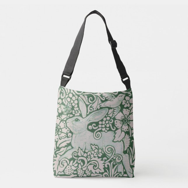 Green and White Rabbit Tote Purse Floral Bird (Front)