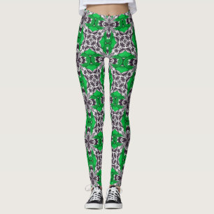 Green and White Repeat Tile Pattern Leggings