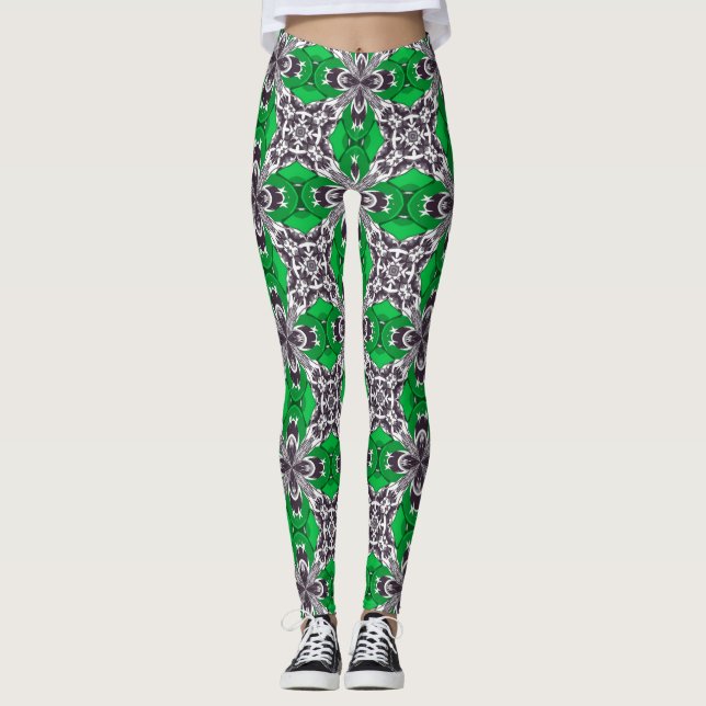 Green and White Repeat Tile Pattern Leggings (Front)