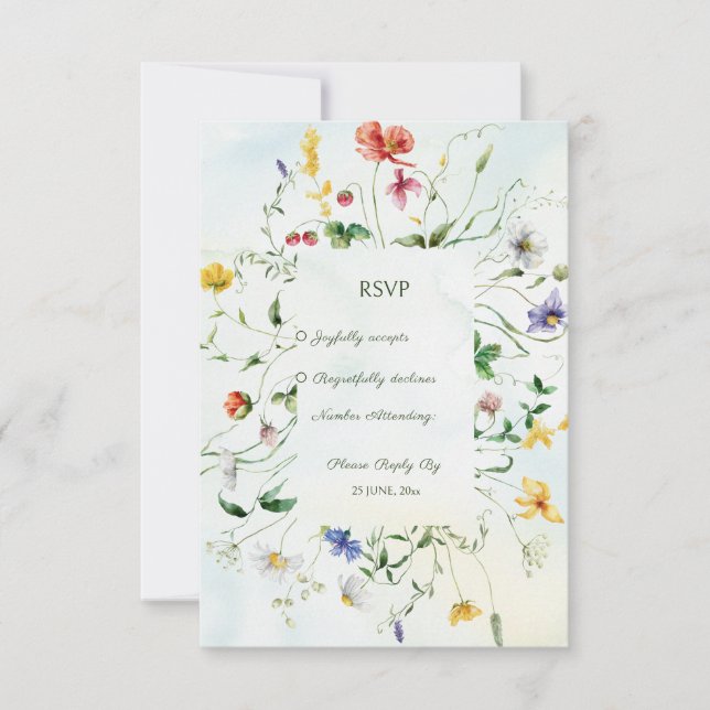 Green and White Romance Rustic Summer Wedding RSVP Card (Front)