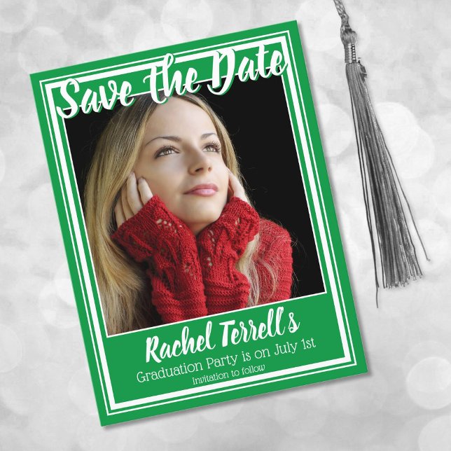 Green and White Save the Date Graduation Announcement Postcard (Creator Uploaded)