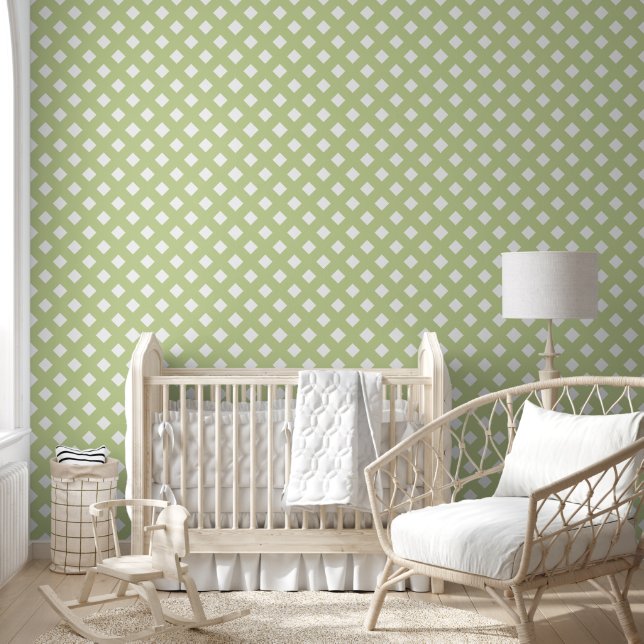 Green and White Shabby Chic Lattice Pattern Wallpaper (Kids)