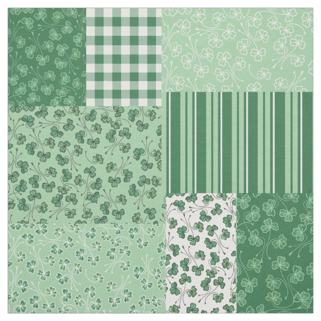 Green and White Shamrock Patterns Faux Patchwork Fabric (Swatch)