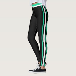 Green and White Side Stripes Black Leggings