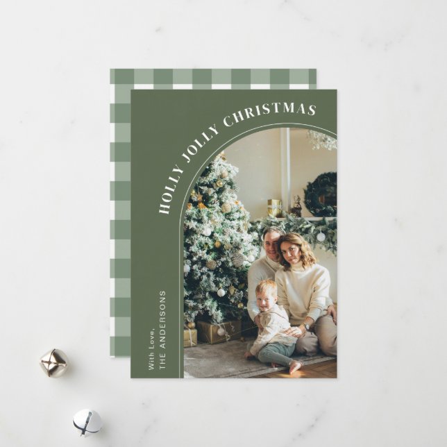 Green and White Simple Family Photo Christmas Holiday Card (Front/Back In Situ)
