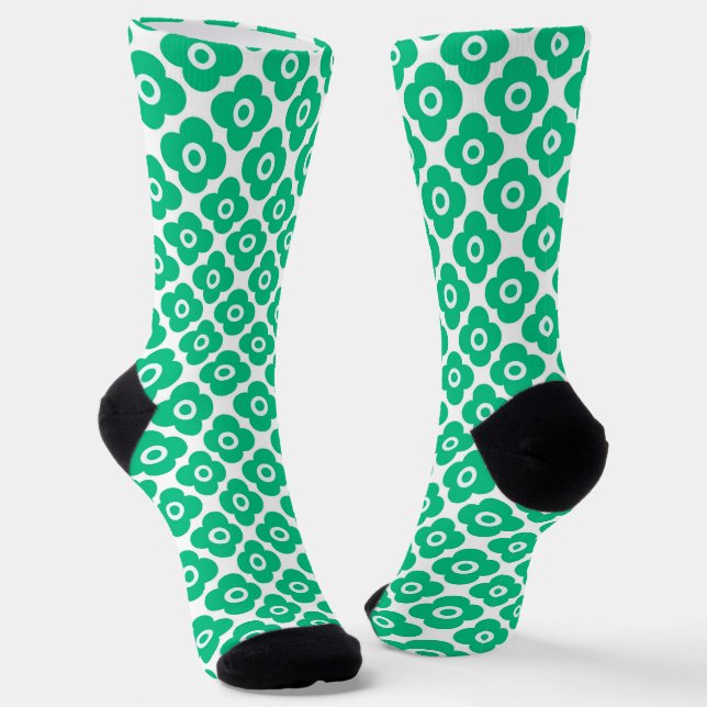 Green and white simple floral pattern retro socks (Angled)