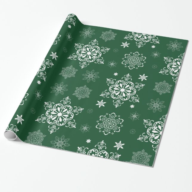 Green and White Snowflake pattern Wrapping Paper (Unrolled)