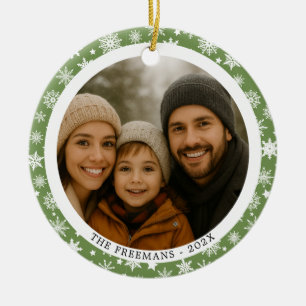Green and White Snowflakes Family Christmas Photo Ceramic Ornament