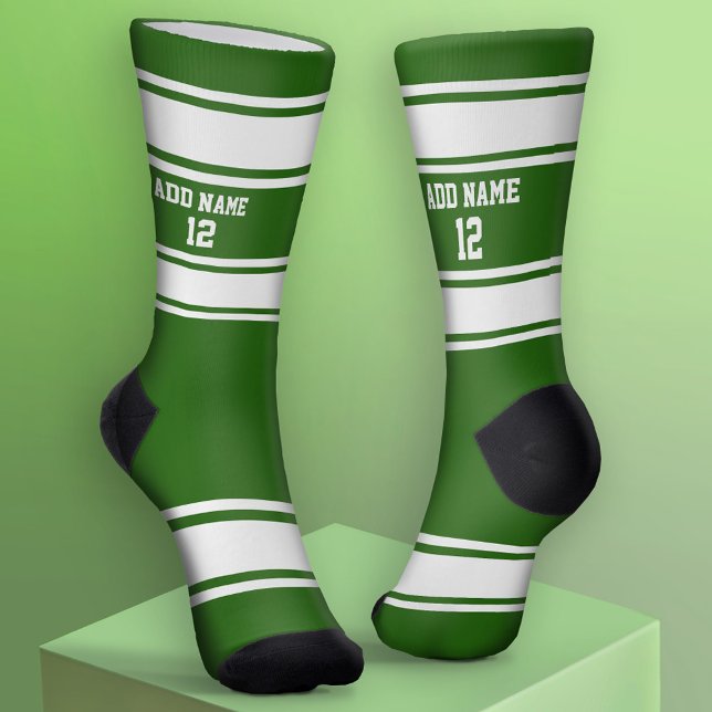 Green and White Sport Jersey - Name Number Socks (Custom Sport Socks - Add Jersey Name and Number)