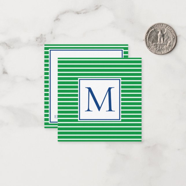 Green and White Stripe With Navy Blue Monogram Card (Front/Back In Situ)