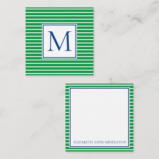 Green and White Stripe With Navy Blue Monogram Card (Front/Back)