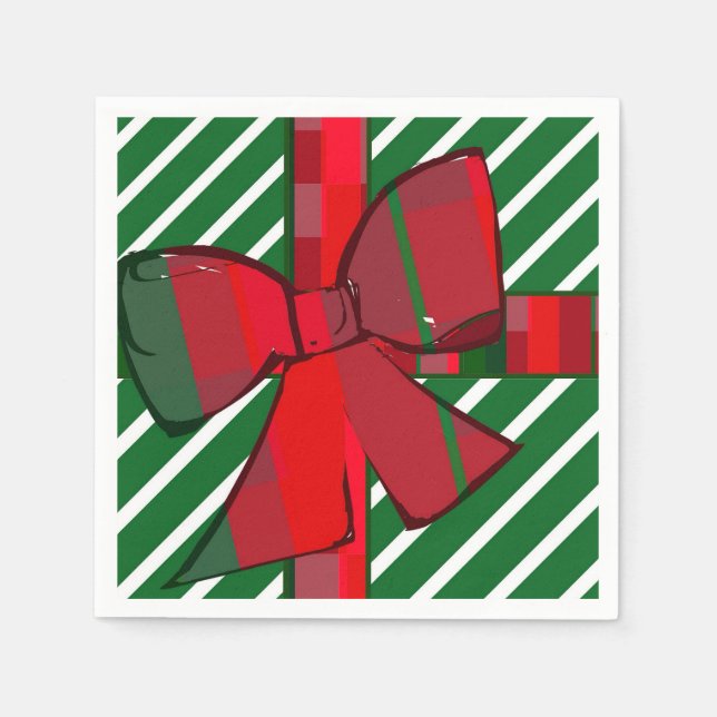Green and white striped cocktail napkins with bow  (Front)