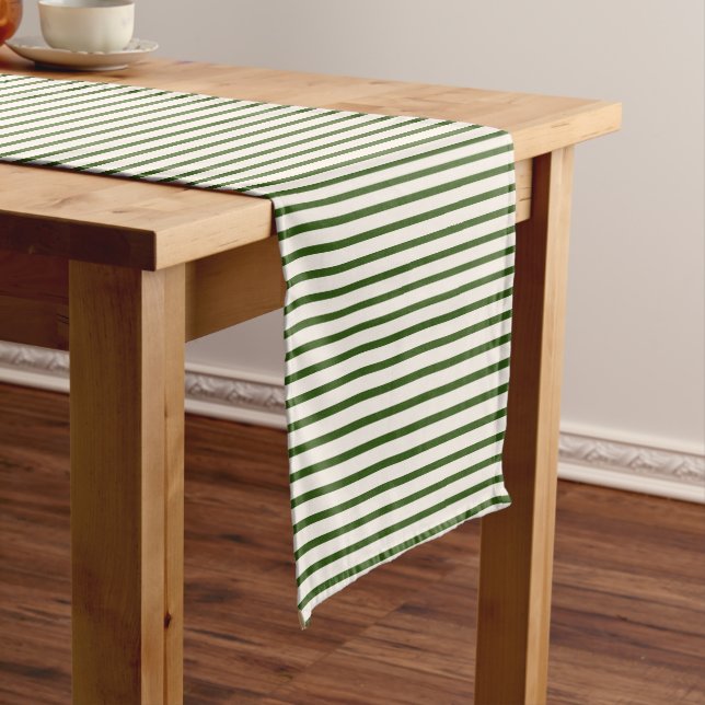 Green and White Striped Modern Christmas Stripe Short Table Runner (In Situ)
