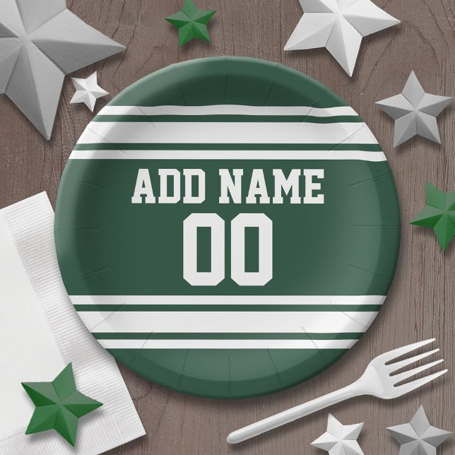 Green and White Striped Sports Jersey Personalised Paper Plate (Personalized party plates - sports theme for birthday or any occasion)