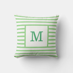 Green and White Stripes Custom Monogram Cotton Cushion