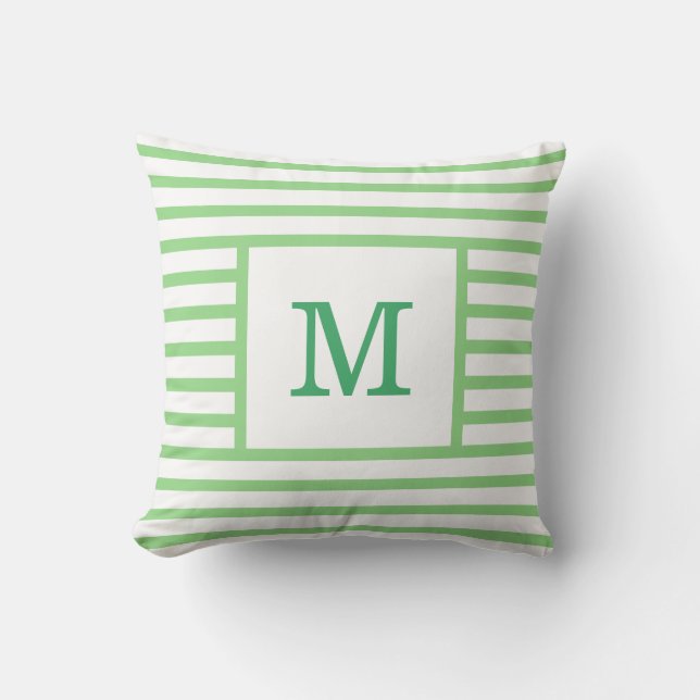 Green and White Stripes Custom Monogram Cotton Cushion (Front)