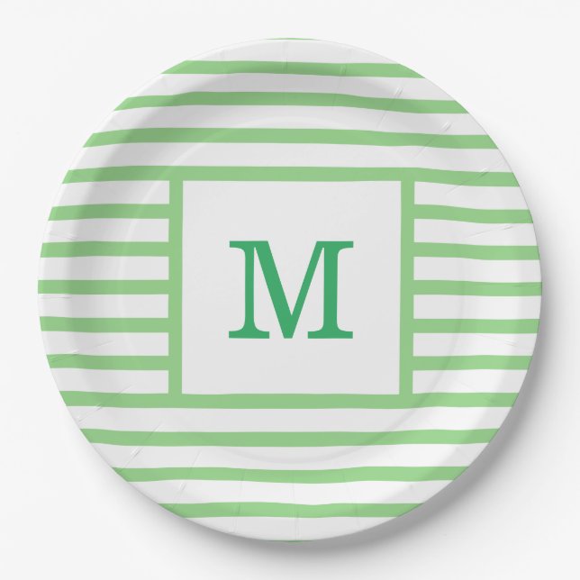 Green and White Stripes Custom Monogram Paper Plate (Front)
