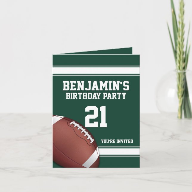 Green and White Stripes Football Birthday Party Invitation (Front)