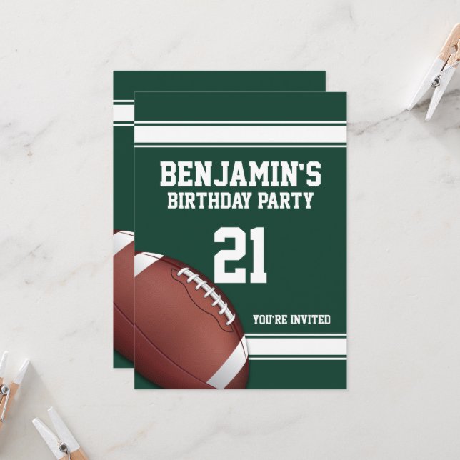 Green and White Stripes Football Birthday Party Invitation (Front/Back In Situ)