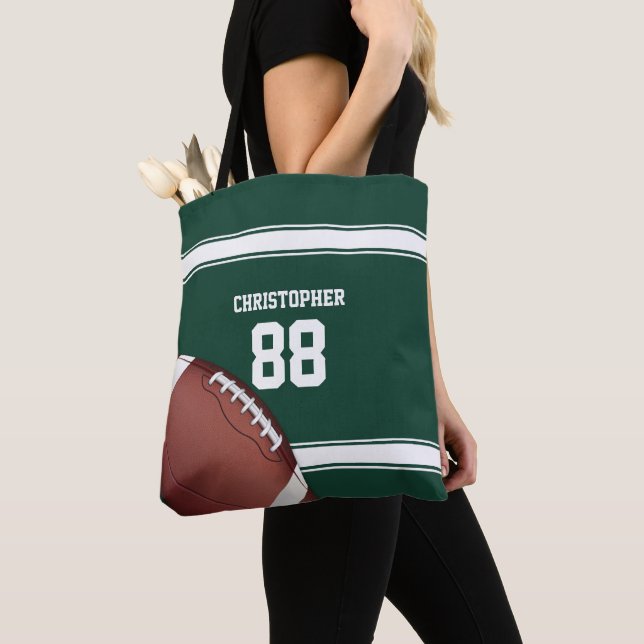 Green and White Stripes Jersey Grid Iron Football Tote Bag (Close Up)