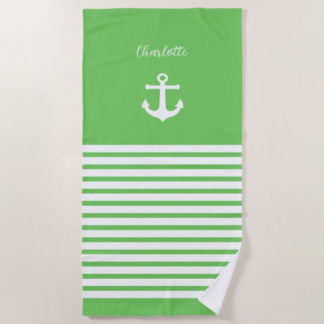 Green and White Stripes Nautical  Personalised  Beach Towel (Front)