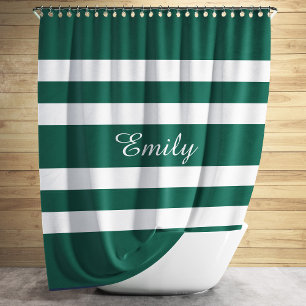 Green And White Stripes Pattern Personalised Name Shower Curtain