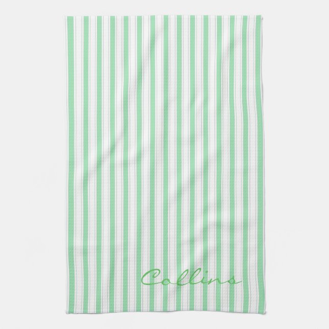 Green and White Stripes Pattern Tea Towel (Vertical)