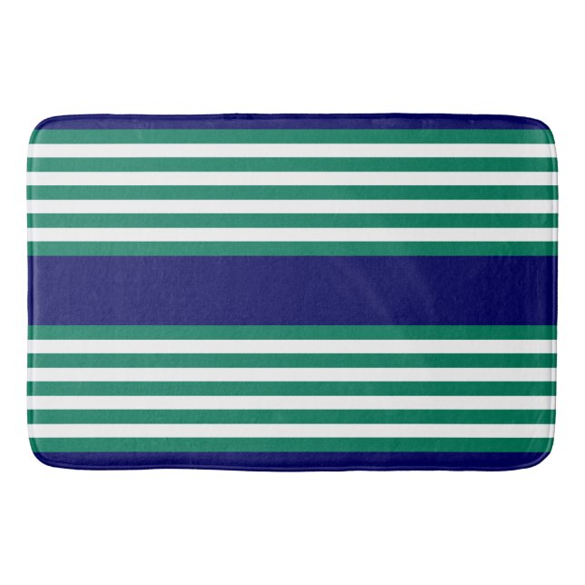 Green and white stripes pattern with navy blue bath mat (Front)