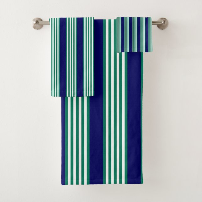Green and white stripes pattern with navy blue bath towel set (Insitu)