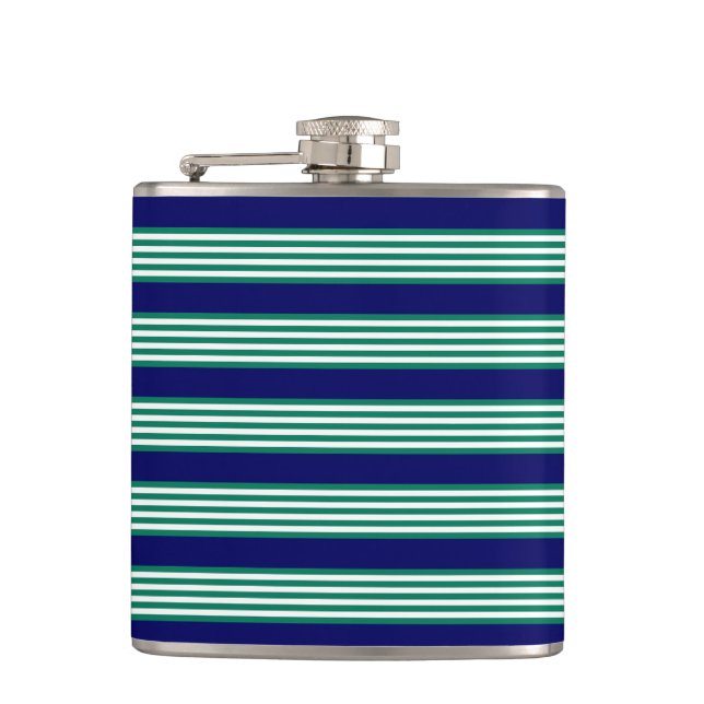 Green and white stripes pattern with navy blue hip flask (Front)