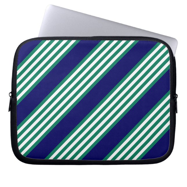 Green and white stripes pattern with navy blue laptop sleeve (Front)