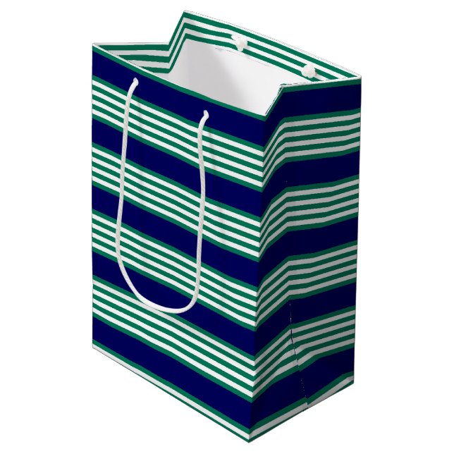 Green and white stripes pattern with navy blue medium gift bag (Front Angled)