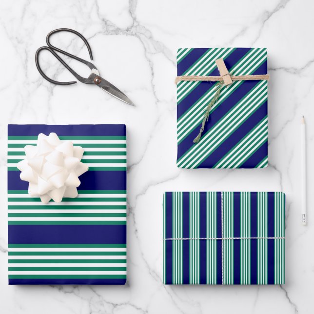 Green and white stripes pattern with navy blue wrapping paper sheet (Front)