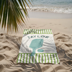 Green and White Stripes Pickleball Personalised Beach Towel