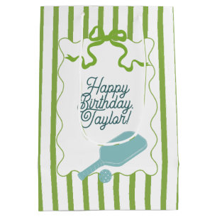 Green and White Stripes Pickleball Personalised Medium Gift Bag