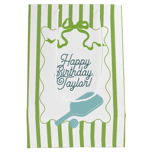 Green and White Stripes Pickleball Personalised Medium Gift Bag (Back)