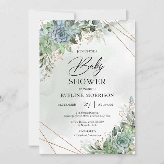 Green and white succulents eucalyptus gold baby in invitation (Front)