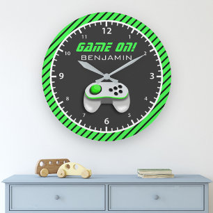 Green and White Video Game Controller Kids Room Large Clock