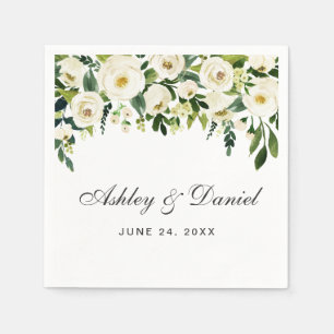 Green and White Watercolor Floral Wedding Napkin