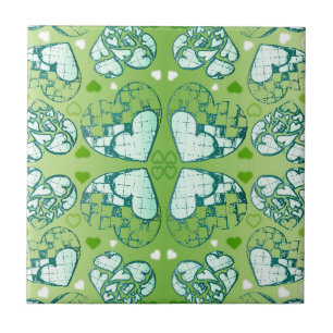 Green and white Whimsical Romantic Hearts pattern Ceramic Tile