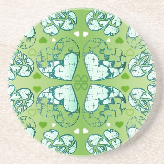 Green and white Whimsical Romantic Hearts pattern Coaster (Front)